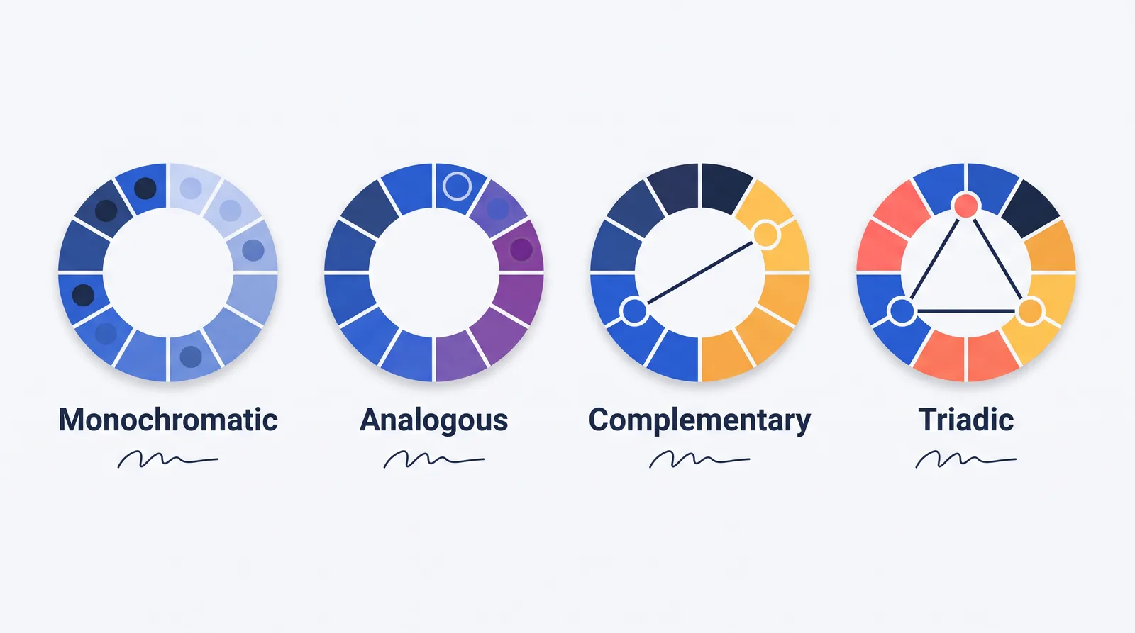 Four small color wheels showing monochromatic, analogous, complementary, and triadic color selections