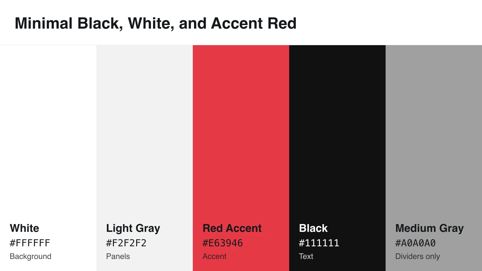 Minimal infographic color scheme with black, white, light gray, medium gray, and red accent HEX codes