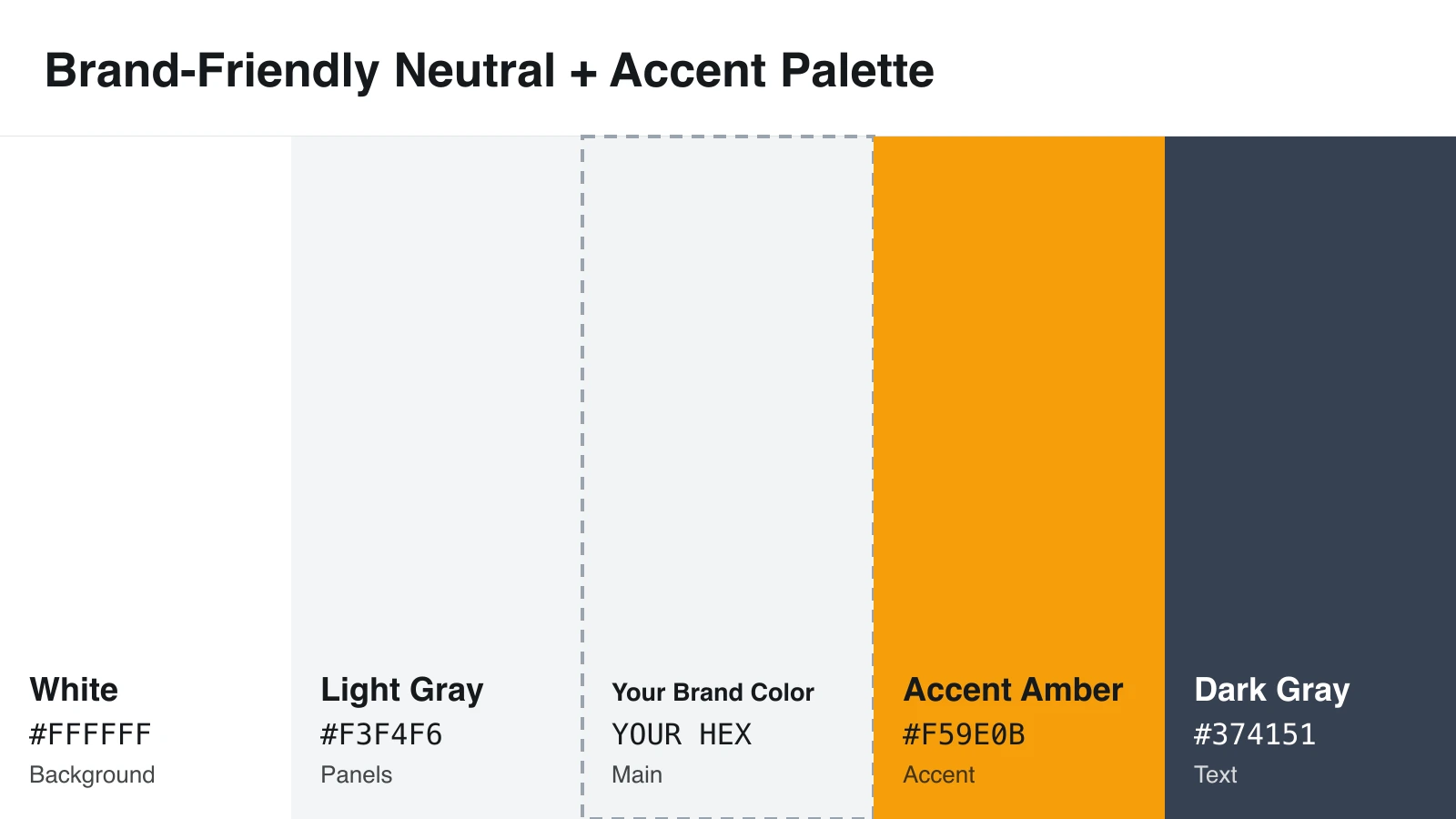 Brand-friendly infographic color scheme with white, light gray, dark gray, amber accent, and a brand color slot