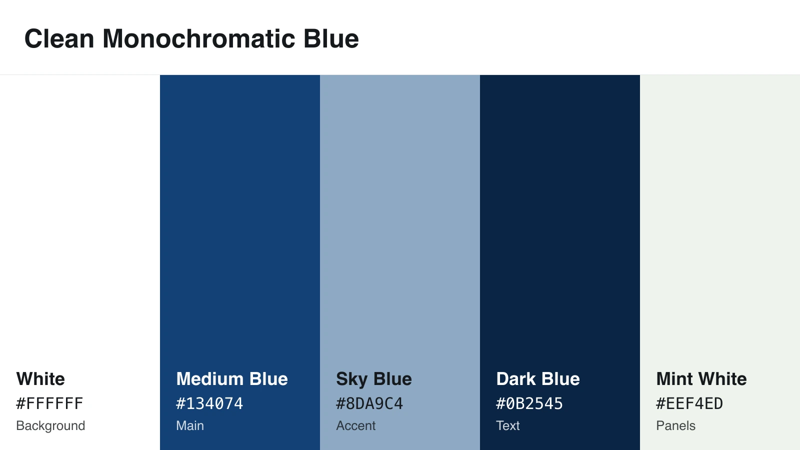 Monochromatic blue infographic color scheme with dark blue, medium blue, sky blue, mint white, and white HEX codes