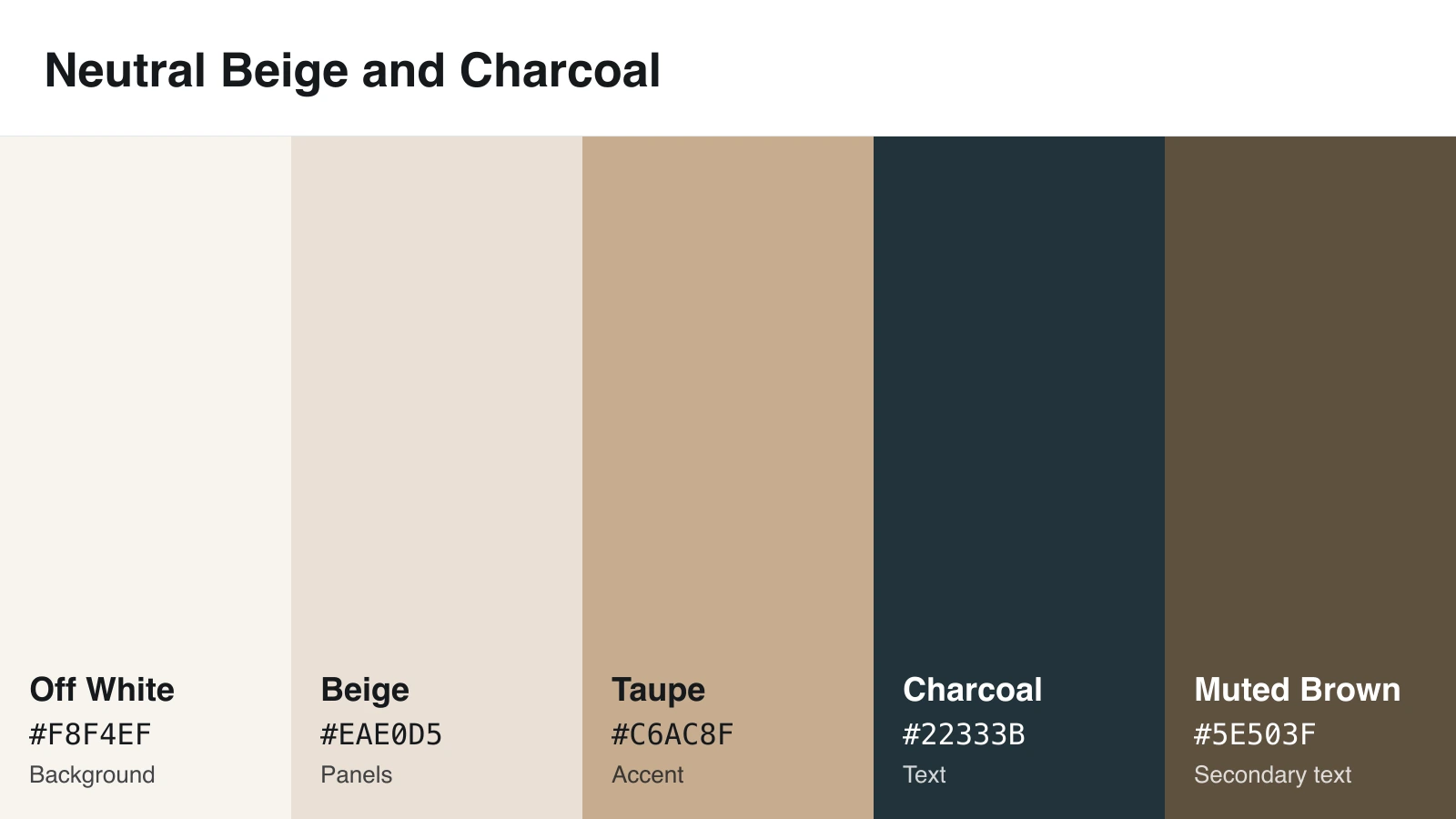 Neutral infographic color scheme with beige, taupe, charcoal, off white, and muted brown HEX codes