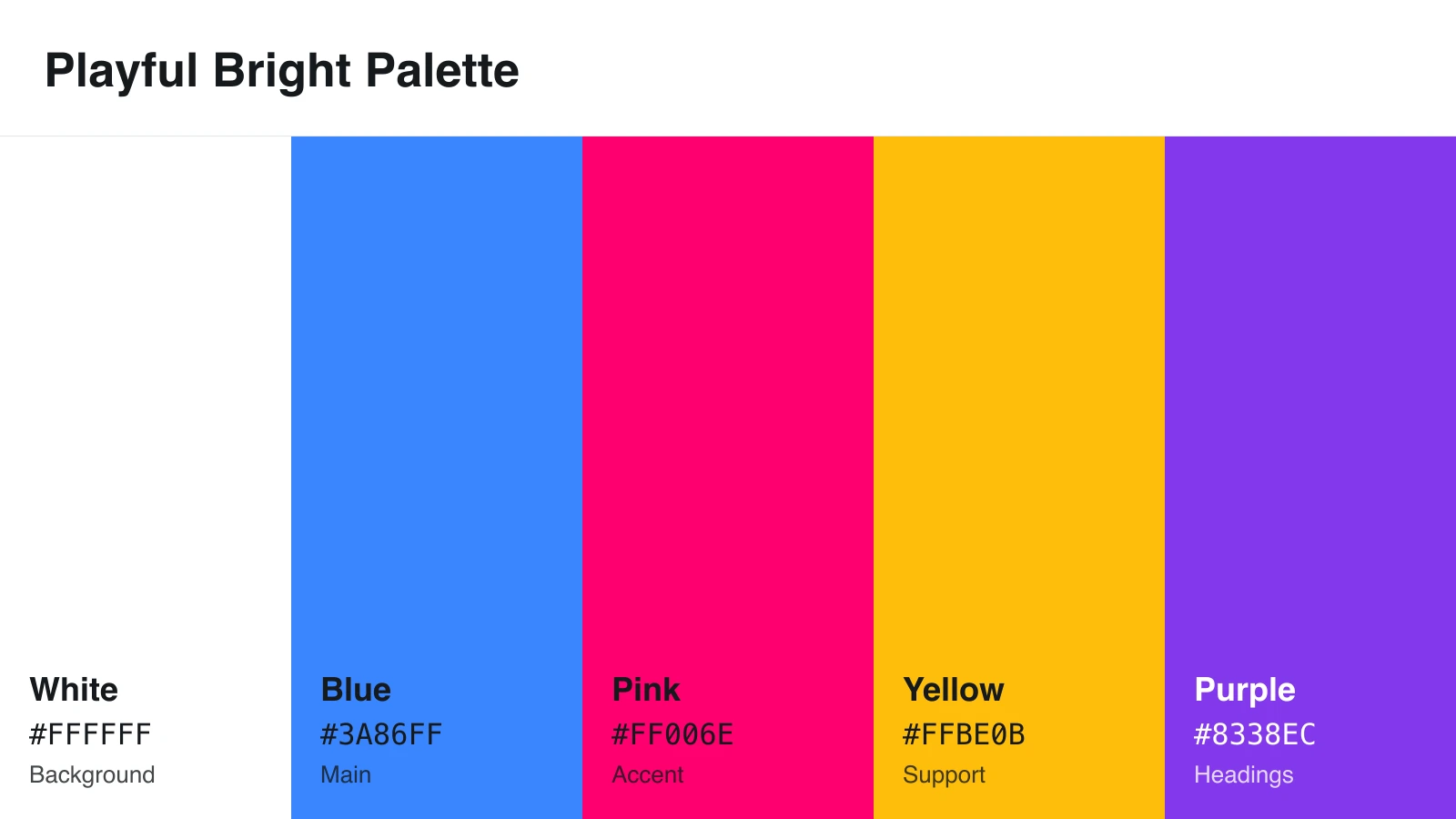Playful bright infographic color scheme with pink, yellow, blue, purple, and white HEX codes