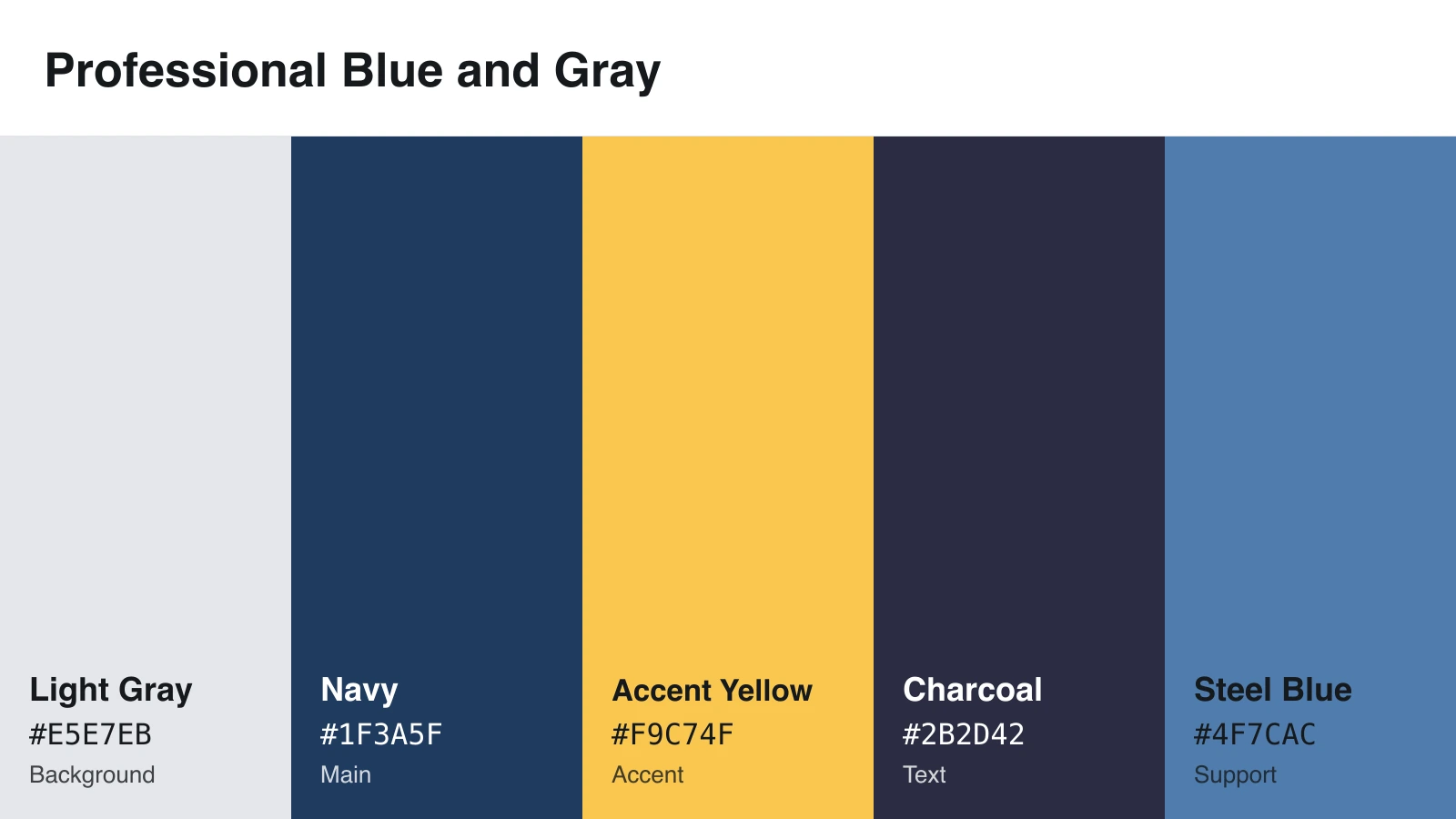 Blue and gray infographic color scheme with navy, steel blue, light gray, charcoal, and yellow accent HEX codes