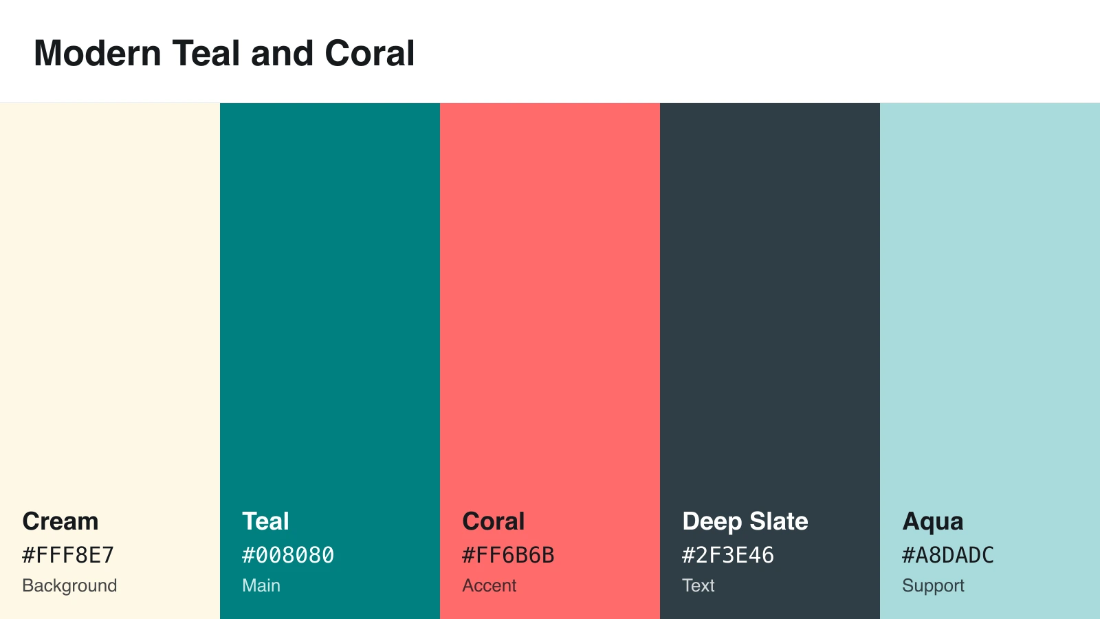 Teal and coral infographic color scheme with cream, teal, coral, deep slate, and aqua HEX codes