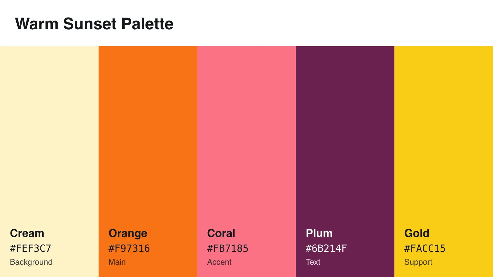 Warm sunset infographic color scheme with orange, coral, gold, cream, and plum HEX codes
