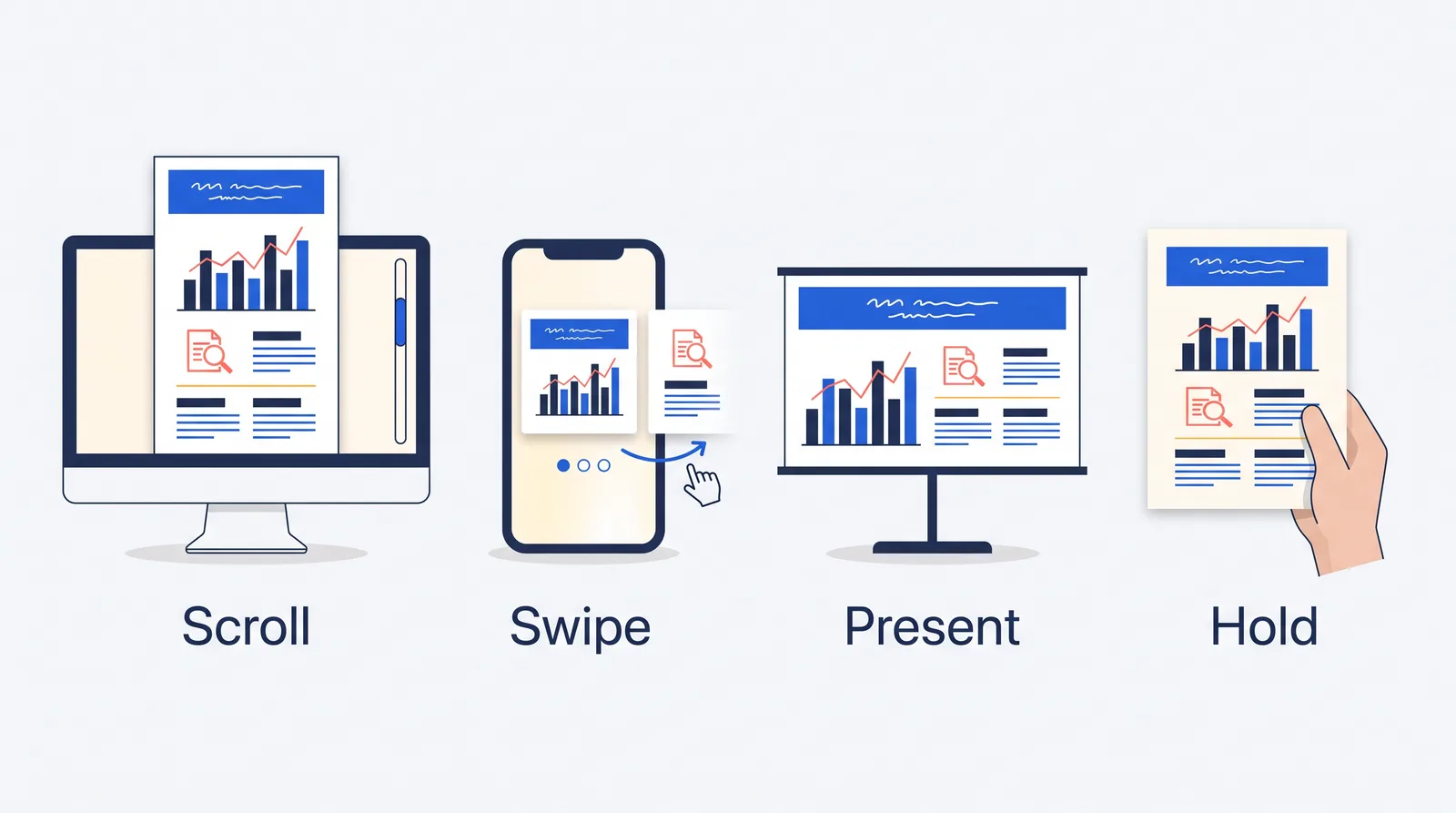 One infographic shown four ways: scrolling on a desktop, swiping as phone cards, presented as a slide and printed on paper